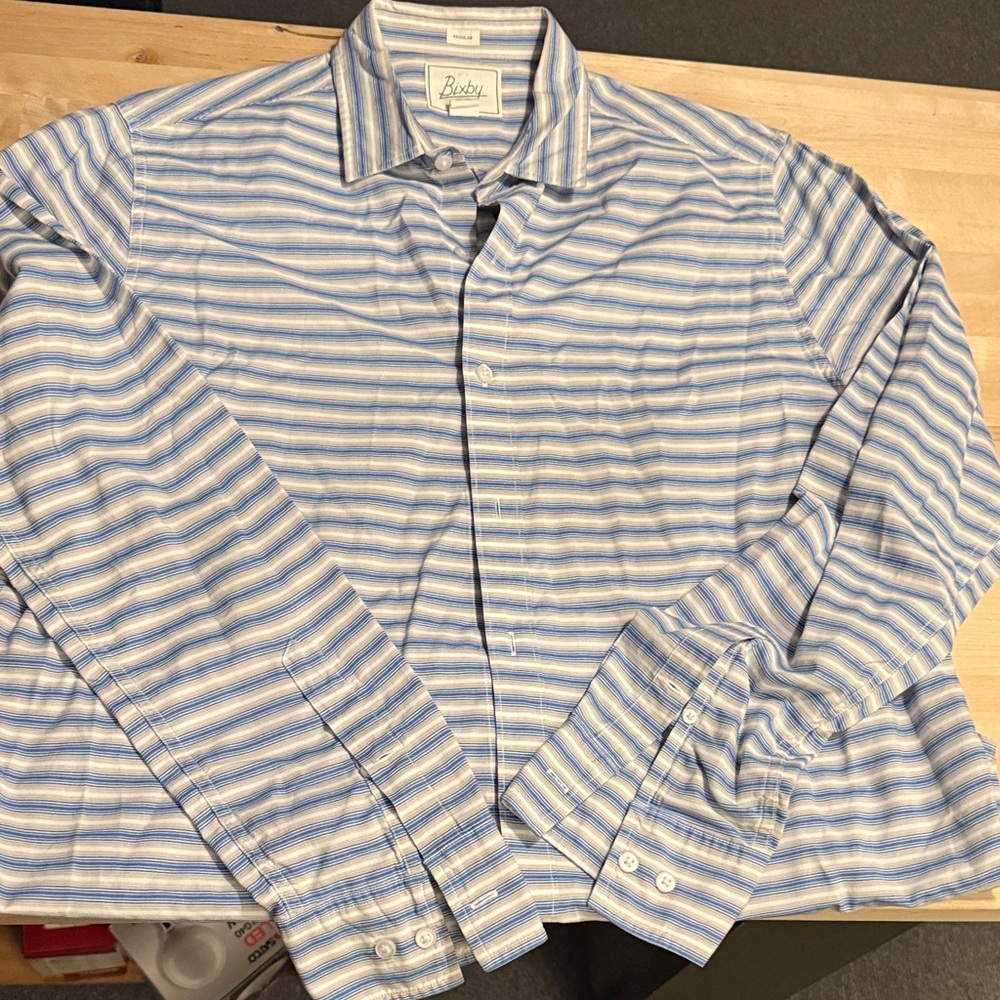 Blue and White Striped Men's Dress Shirt